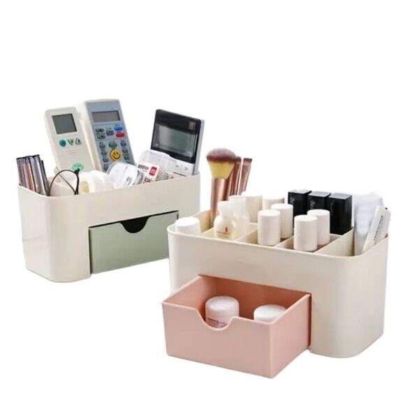 Makeup Organizer Tan Plastic Cosmetic Compartment Storage Box Pink Drawer - Picture 4 of 8